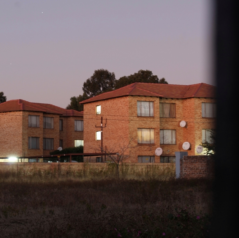 Apartment complex early in the morning.
