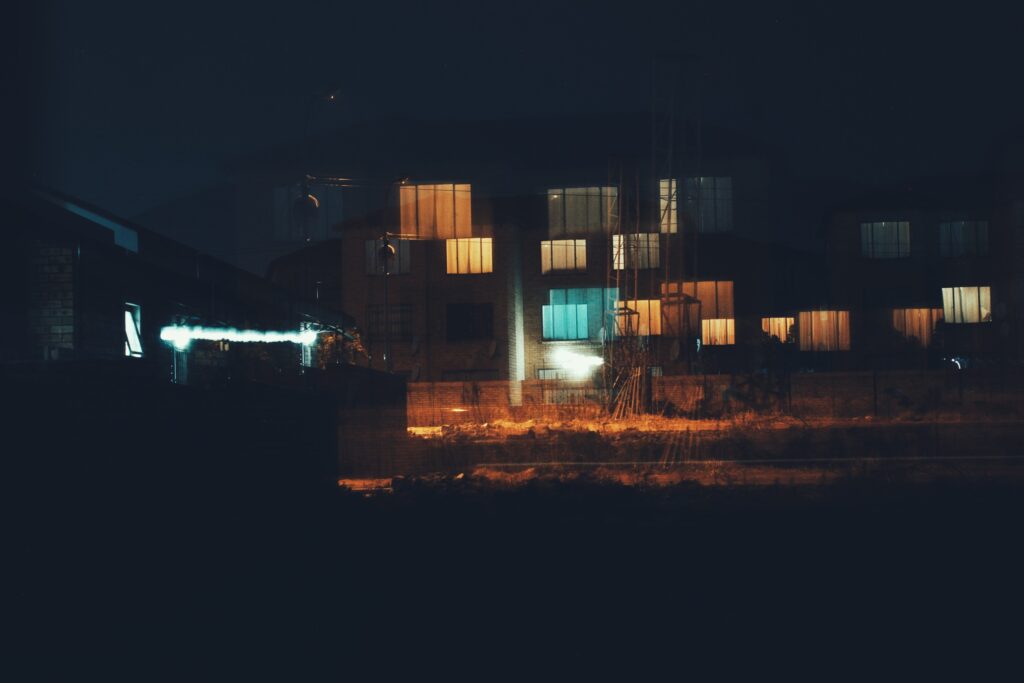 Photo of an apartment complex. Zoom blur effect.